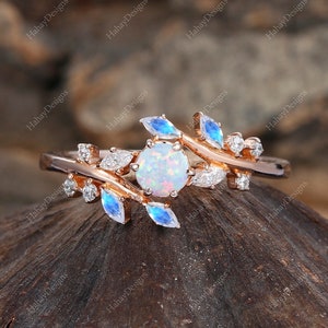 Round cut Pink Opal ring Vintage Rose gold Leaf engagement ring Marquise cut Moonstone ring Moissanite ring Nature inspired Twig ring Gift