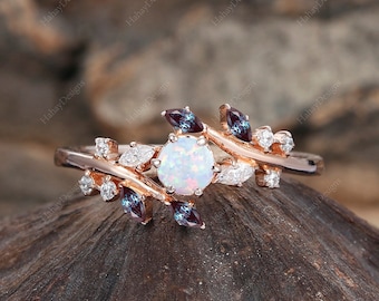 Opal Engagement Ring Gold Pink White Opal Ring Alexandrite Diamond Cluster Ring Unique Delicate Leaf Wedding Bridal Promise Anniversary Ring