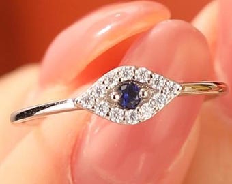 Solid Gold Evil Eye Ring Sapphire Engagement Ring 14k Gold Sapphire Stacking Ring Moissanite Wedding Ring Custom Gemstone Ring Dainty Ring