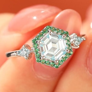 Vintage Hexagon Cut Lab Aquamarine Engagement Ring, Solid Gold Art Deco Emerald Halo Ring, Wedding Ring Women Gift, March Birthstone Ring