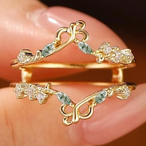 Dainty Wedding Band Yellow Gold Matching Wedding Band, Delicate Art Deco Marquise Moss Agate Ring,  Vintage Leaf Anniversary Ring Women