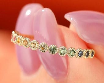 Minimalist Rainbow Sapphire Ring Solid 14K Gold Half Eternity Ring Multi Colored Sapphire Stone Ring Rainbow Sapphire Ring Anniversary Gift