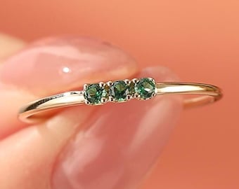 Minimalist Emerald Stacking Band Dainty 14k Gold Marriage Ring Unique Three Stone Ring Emerald Matching Band Thin Wedding Band For Women