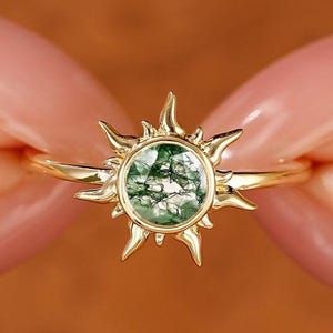 Sonnenring aus Gold, Sterlingsilber Sonnenring, Moosachat Lünette Ring, Minimalist Ring für Frauen, Versprechen Jubiläumsgeschenk, Solitär Ring