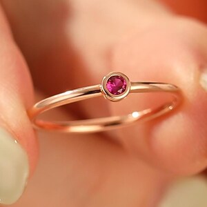 Tiny July Birthstone Ring, Dainty Gold Ruby Ring, Red Gemstone Ring, Thin Stacking Ring Gift for Her