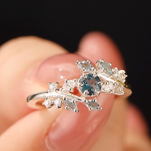 Leaf Branch Nature Inspired Round Cut Natural London Blue Topaz Engagement Ring, Unique December Birthstone Gifts, Anniversary Gifts Women
