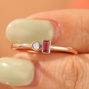 Dainty July Birthstone Engagement Ring, Baguette Ruby Wedding Ring, Thin Gold Jewelry