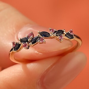 Vintage Marquise Sapphire Stack Wedding Ring, Birthstone Cluster Ruby Stack Band, Rose Gold Anniversary Ring For Her, Vintage Matching Band