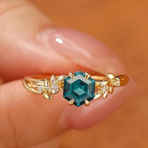 Solid Gold Teal Sapphire Ring, Silver Flower Engagement Ring, Blue Green Stone Ring Women, Hexagon Floral Bridal Ring, Handmade Jewelry