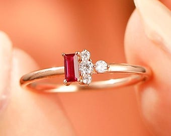 Dainty Ruby Baguette Stacking Ring Solid 14k Gold Minimalist Ring Simple Ruby Ring Custom Thin Ring Delicate Baguette Ring Anniversary Gift