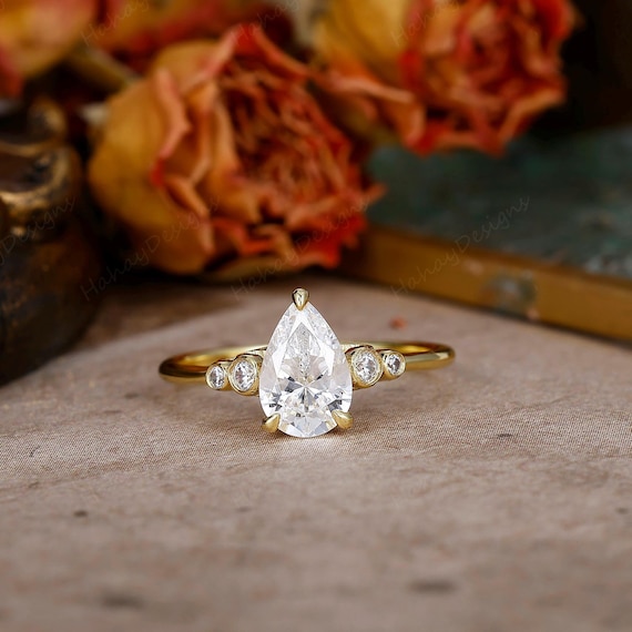CT Pear Cut Moissanite Engagement Ring, Yellow Gold Wedding