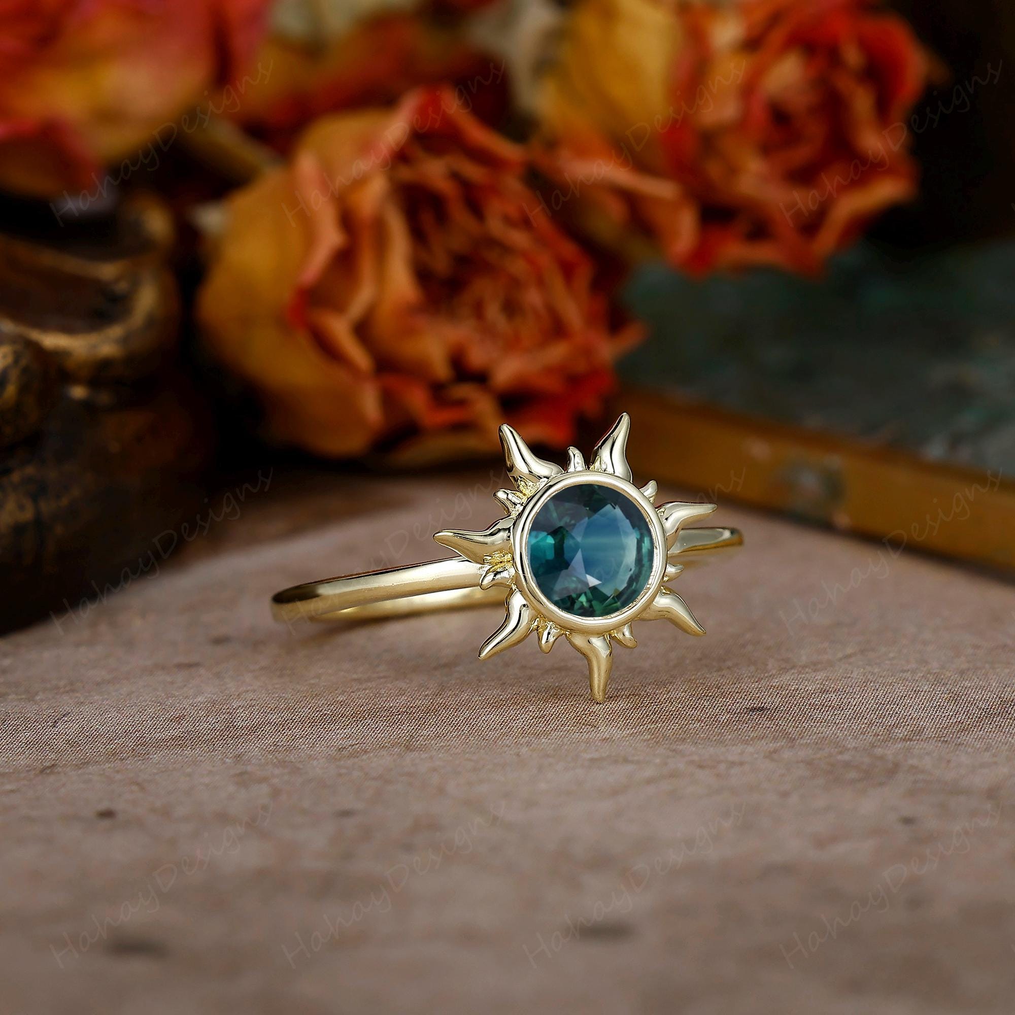 Lab Teal Sapphire Engagement Ring, Unique Round Blue Green Sapphire Ring, Bezel Set Sun Art Deco Anniversary Gift For Women, Solitaire Ring