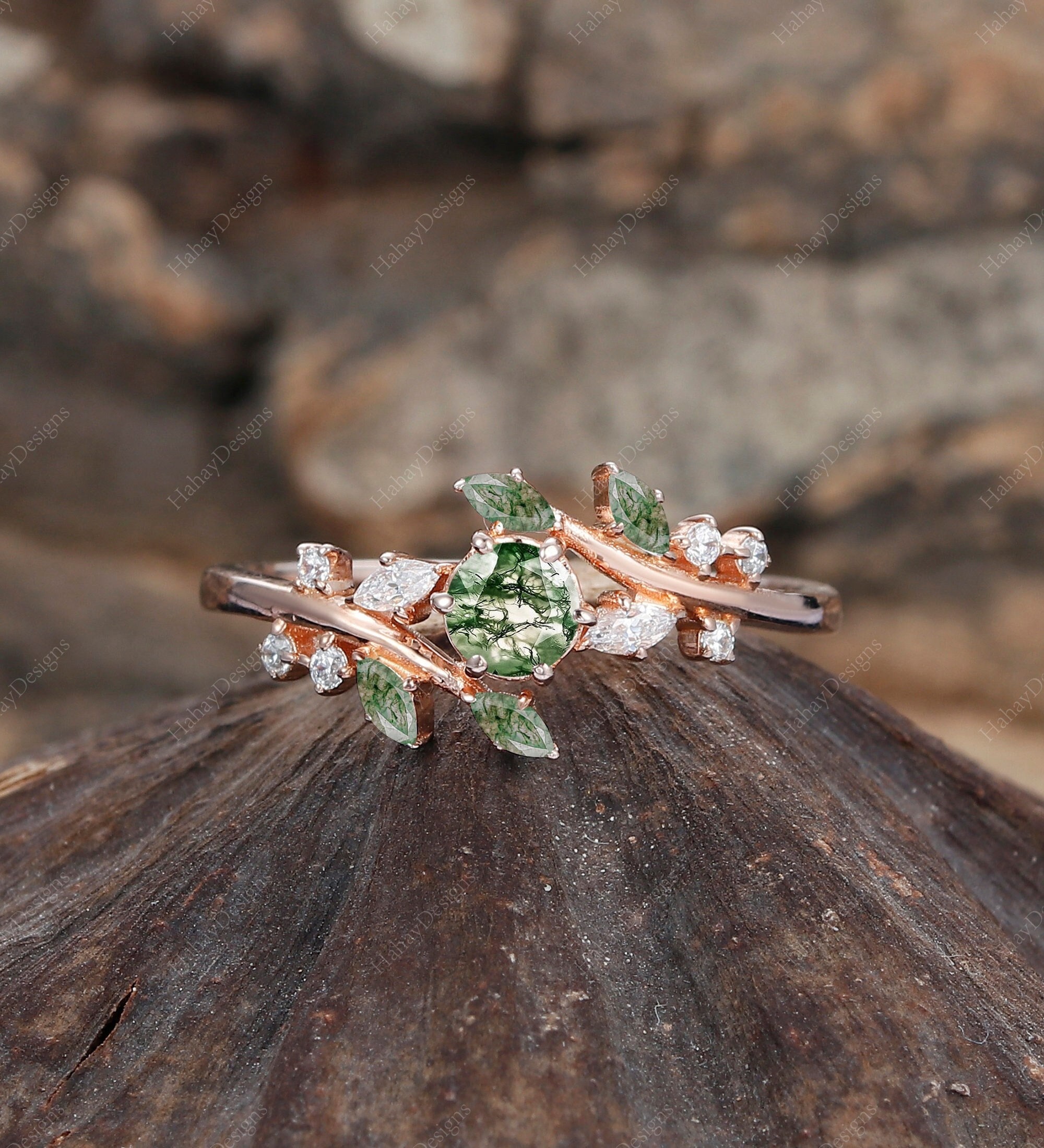 Art Deco Leaf White Gold Moss Agate Engagement Ring Nature Inspired Cluster Promise Ring Green Gemstone Branch Bridal Ring Jewelry