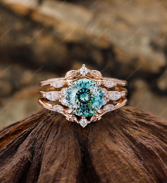 Round Portuguese Cut Moissanite Engagement Ring Set, Enhancer