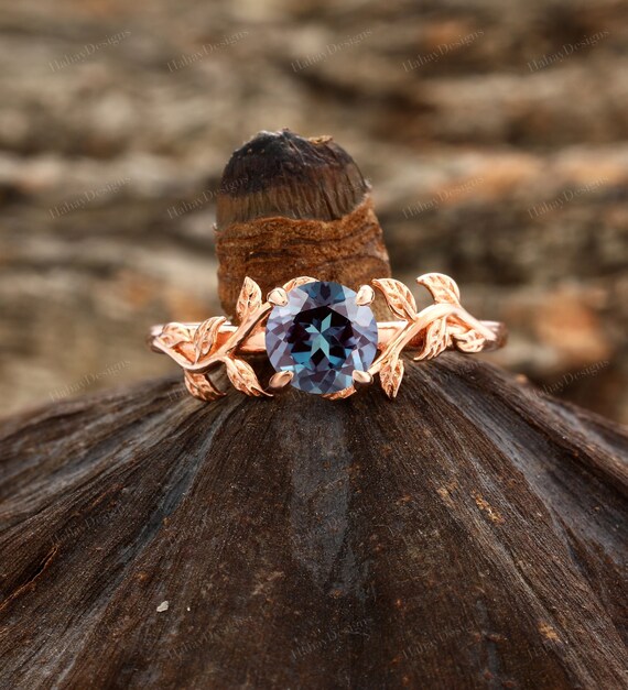 Alexandrite Engagement Ring Leaf Vine Ring Leaf vine Vintage Wedding Ring Unique Gemstone Ring Anniversary Gift Round Alexandrite Ring Etsy