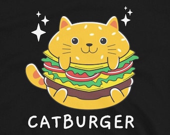 May include: Black t-shirt with a cartoon cat dressed as a hamburger. The cat is yellow with a pink nose and white eyes. The text "CATBURGER" is printed below the cat.