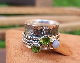 Peridot Moonstone Ring, 925 Sterling Silver Ring, Multi Stone Spinner Ring, Meditation Ring, Band Ring, Anxiety Ring, Wedding Gift Ring