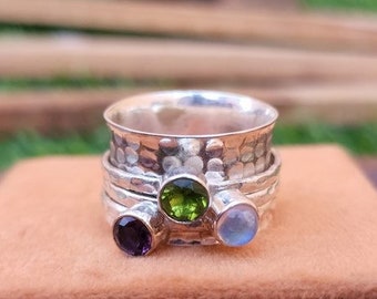 Three Stone Spinner Ring, Handmade Ring, 925 Sterling Silver Ring, Spinner Ring, Boho Ring, Meditation Ring, Fidget Ring, Hammered Ring,