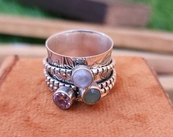 Amethyst Spinner Ring, 925 Silver Ring, Spinner  Ring, Worry Ring, Three Stone Ring,  Meditation Ring, Fidget Ring, Wedding Gift, Boho Ring,