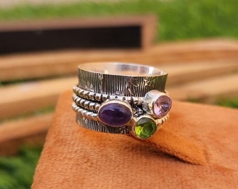 Peridot Amethyst Rose Quartz Multi Three Stone Ring, 925 Sterling Silver Ring, Beautiful Stone Ring, Handmade Spinner Ring, Anxiety Ring