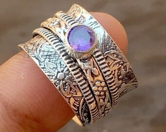 Most Popular Amethyst Spinner Ring, 925 Sterling Silver Ring, Meditation Ring, Anxiety Ring, Floral Design Ring, Band Ring, Gift for Friend