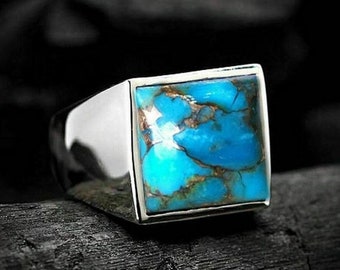 Natural Copper Turquoise Ring* 925 Sterling Silver* Men's Silver Ring* Men's Signet Ring* Men's Gemstone Ring* Unisex Ring* Gift Ring