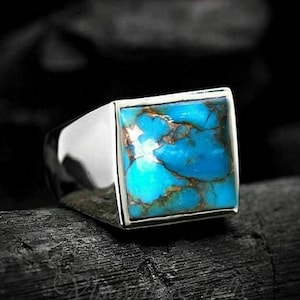 Natural Copper Turquoise Ring* 925 Sterling Silver* Men's Silver Ring* Men's Signet Ring* Men's Gemstone Ring* Unisex Ring* Gift Ring