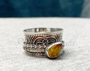 Citrine Spinner Ring, Citrine Gemstone Ring, 925 Sterling Silver Ring, Handmade Ring, Spinner Rings For Women, Spinning Ring, Hammered Ring,