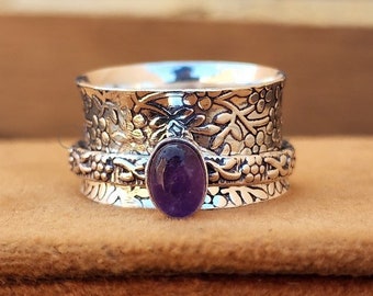 Natural Amethyst Spinner Ring * Amethyst Gemstone Ring * Antique Amethyst * Bohemian Ring * 925 Sterling Silver * Amethyst Jewelry *