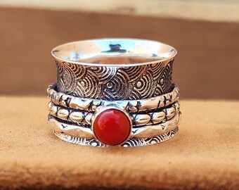 Coral Gemstone Spinner Ring  * Thumb Ring * Wedding Gift * Couple Ring *Coral Gemstone Jewelry * 925 Sterling Silver * Coral Jewelry