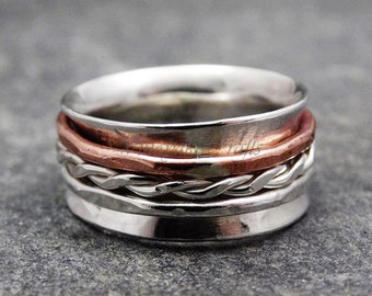 Hammered Spinner Ring* Handmade Ring* 925 Silver Ring* Anxiety Ring* Three Tone Spinner Ring* Sterling Silver Ring* Promise Ring*