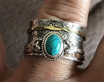 Beautiful Turquoise Ring* 925 Sterling Silver Ring* Meditation Ring* Worry Ring* Anxiety Ring* Fidget Ring* Boho Ring* Women Silver Ring