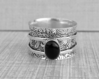 925 Sterling Silver Ring, Oval Black Onyx Spinner Ring, Meditation Ring, Hammered Ring, Spinner Ring Handmade Jewelry, Black Onyx Ring