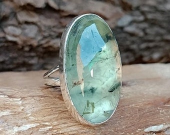 Prehnite Stone Ring, 925 Sterling Silver Ring, Statement Ring, Promise Ring, Handmade Ring, Meditation Ring, Oval Stone Ring, Gift For Her