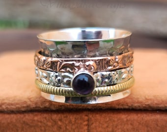 Natural Amethyst Ring, 925 Sterling Silver Ring, Hammered Spinner Ring, Meditation Ring, Thumb Ring, Silver Band Ring, Birthday Gift Ring