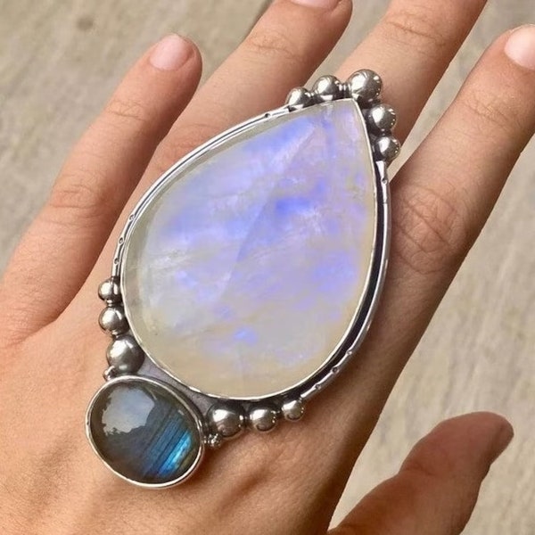 Rainbow Moonstone Ring, Boho Ring for Women, 925 Solid Sterling Silver Ring, Moonstone Ring, Large Stone Ring, Handmade Jewelry