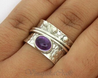 Amethyst Spinner Ring, 925 Sterling Silver Ring, Meditation Ring, Floral Design Ring, Thumb Ring, Anxiety Ring, Promise Ring, Beautiful Ring