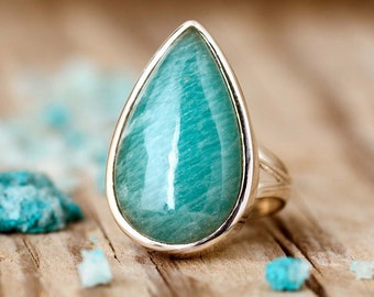 Boho Jewelry, Natural Large Big Stone Ring, Chunky Statement Ring, Amazonite Teardrop Ring for Women, Sterling Silver Ring