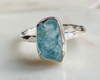 Buy 2 Get 1 Free, Natural Raw Aquamarine Ring 925 Sterling Silver Ring Hammered Ring Women Ring Valentine's Day Gift Adjustable Ring For Her