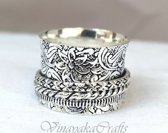 Floral Textured Spinner Ring* 925 Spinner Ring* Women Silver Ring* Worry Ring* Anxiety Ring* Boho Ring* Figdet Ring* Handmade Ring*