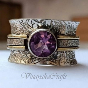 Most Popular Amethyst Spinner Ring, Solid 925 Sterling Silver Ring, Handmade Ring, Floral Spinner Ring, Anxiety Ring, Thumb Ring For Women