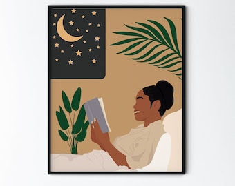 Black Girl Reading Art Print: Serene Bedroom Scene (Digital Download)