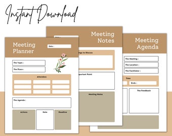 Planner di riunioni stampabile: ordine del giorno, verbali, note (formato A4, lettera) (download digitale)