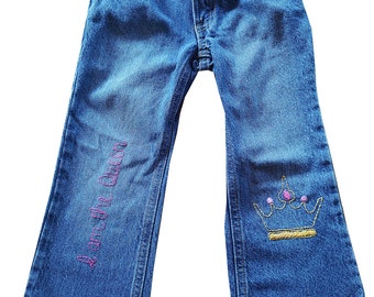 SIZE 4  upcycled Gymboree wide-legged hand embroidered jeans, I am the Queen on left leg, Crown on right leg