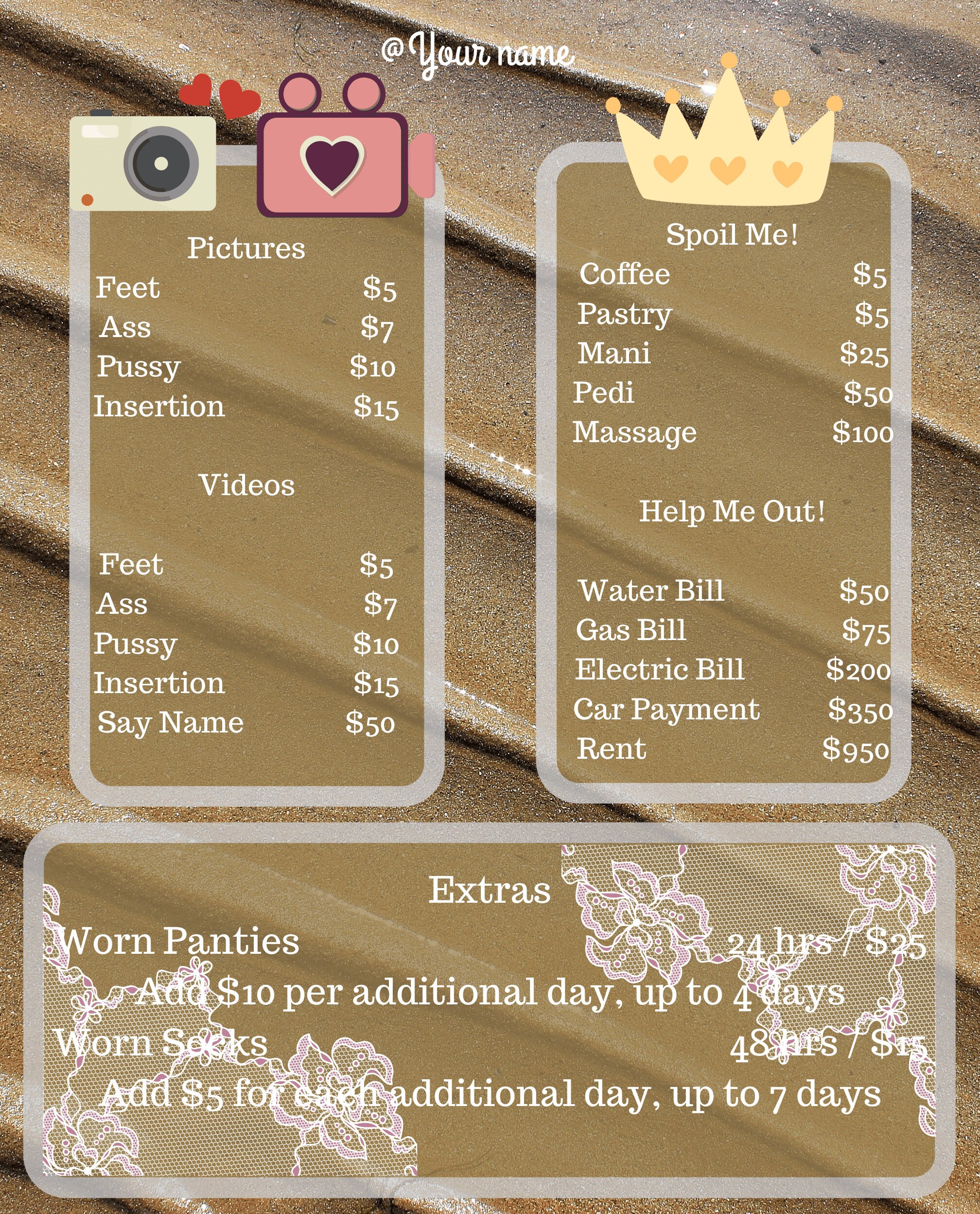 Benutzerdefinierte designed Tipp Menü Cam Girl OnlyFans Etsy