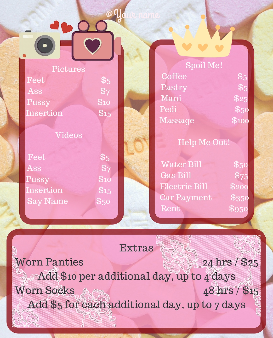 Custom Designed Tip Menu Cam Girl OnlyFans Chaturbate Sex - Etsy