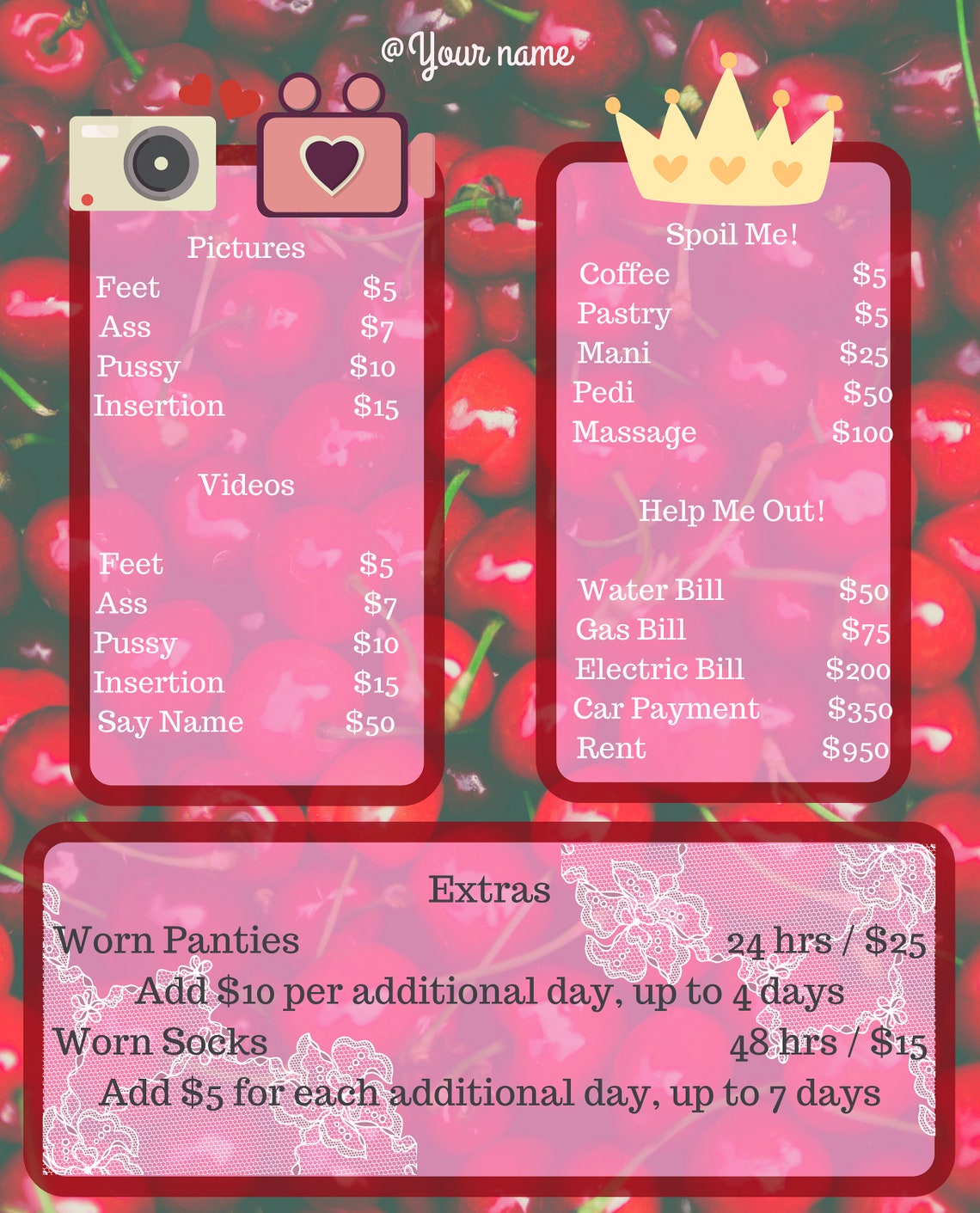 Custom Designed Tip Menu Cam Girl OnlyFans Chaturbate Sex - Etsy