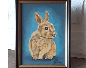 Bunny Original Oil Painting Rabbit Art Animal Portrait Artwork Framed 7x5