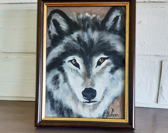 Wolf Painting: Original Oil Artwork, Framed Animal Art (7x5)