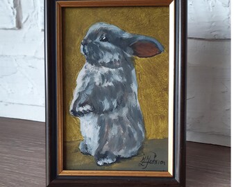 Framed Bunny Oil Painting: Original Rabbit Art, 6x4